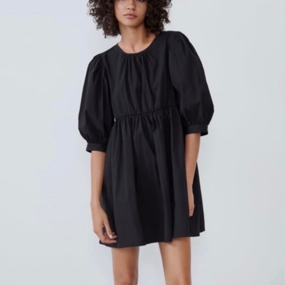 NWT ZARA BLACK POPLIN VOLUMINOUS PLEATED MINI DRESS - Large